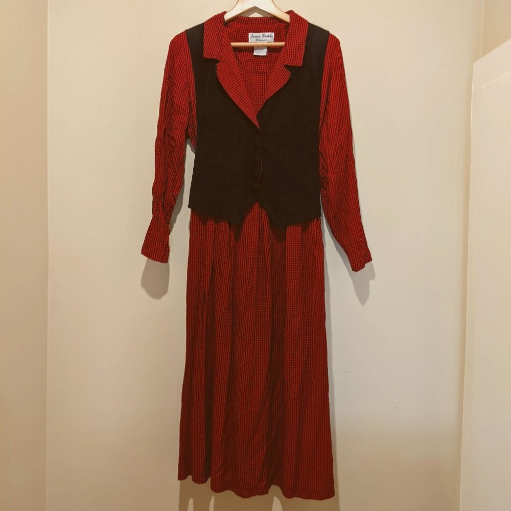 Vintage 80s Gingham & Velour Dress Faux Vest Design Madein Sri Lanka Cottagecore